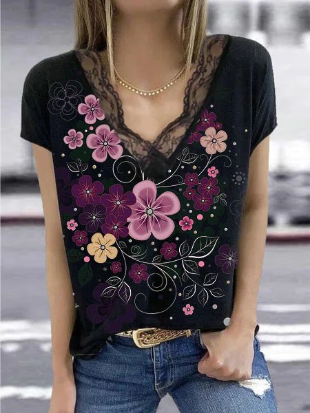 

Lace V Neck Loosen Cotton Blends Floral Shirts & Tops, Black, Tops