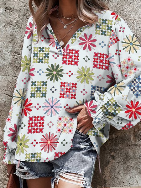 

Loosen Floral Boho Stand Collar Shirts & Tops, White, Tops