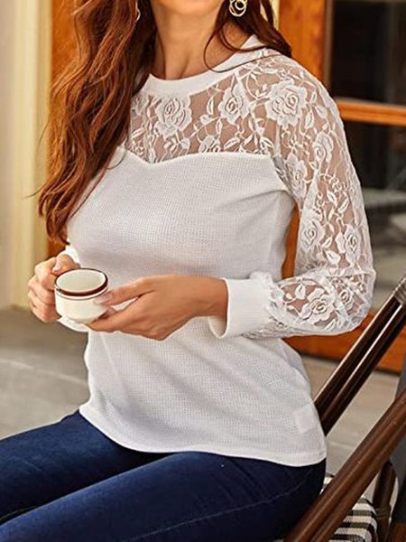 

Lace Elegant Crew Neck Solid Shirts & Tops, White, Tops