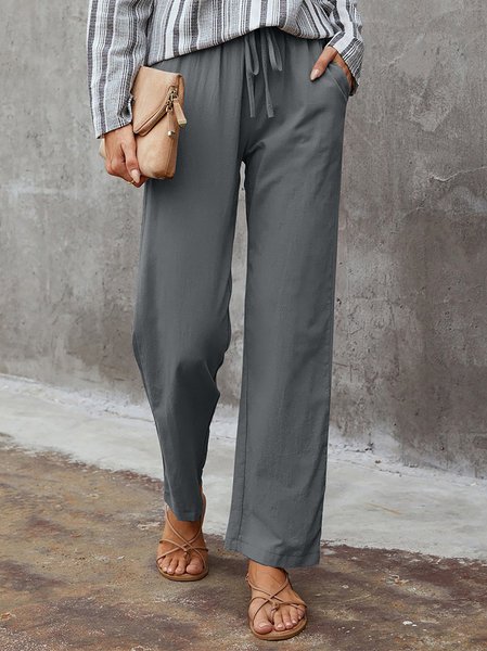

Casual Solid Color Drawstring Pocket Straight-Leg Pants, Gray, Pants