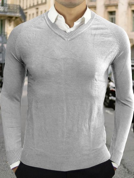 

Plain V-neck Long Sleeve Sweater, Light gray, Sweater