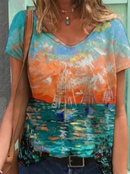 

Ombre V Neck Loosen Shirts & Tops, Multicolor, Tops