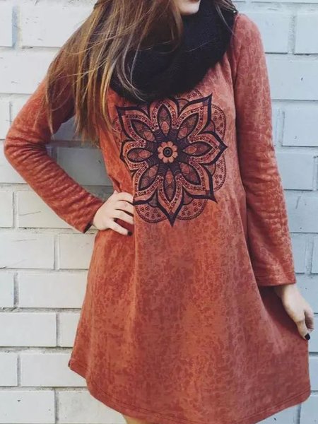 

Plus Size Loosen Casual Tribal Dresses With Scarf（accessory not included）, Red, Casual Dresses