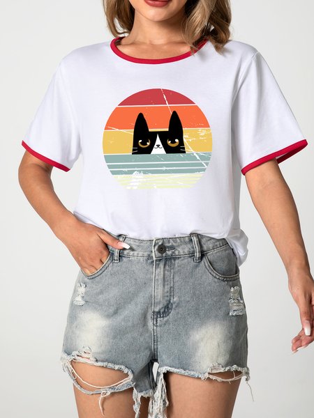

MUMU Retro Cat Casual Cotton Blends Ringer Tee, Red, T-shirts