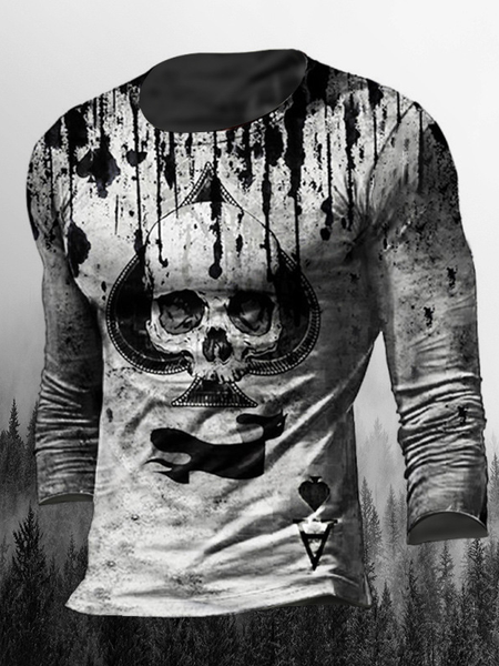 

Men's Skull Graphic Print Round Neck Long Sleeve Tee, Gray, T-shirt