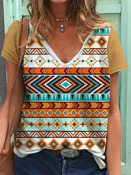 

Geometric Print V Neck Vacation Casual T-Shirts & Tops, Khaki, T-Shirts