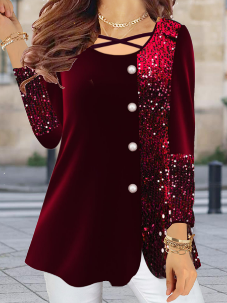 

Long sleeve round neck holiday party gorgeous velvet Korean velvet stitching Sequin anti pricking double-layer fabric design top Plus Size, Red, Tops