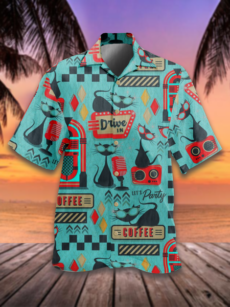

Hawaiian Style Medieval Vintage Cat Print Shirt Top, As picture, Men's Floral shirt