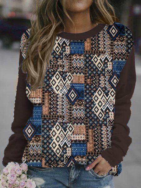 

Ethnic print round neck long-sleeved sweatshirt, As picture, Hoodies&Sweatshirts