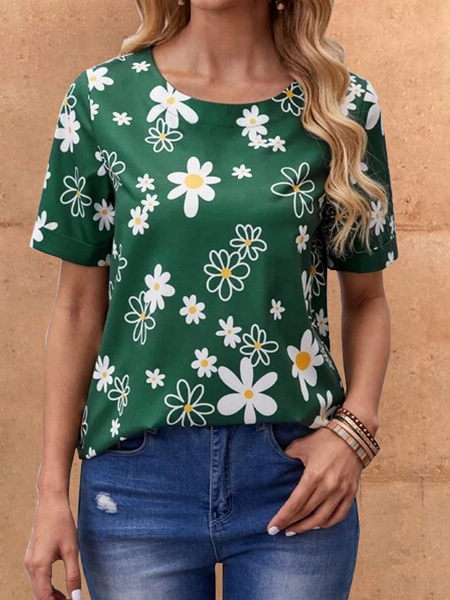 

Casual Crew Neck Floral Shirts & Tops, Green, Tops