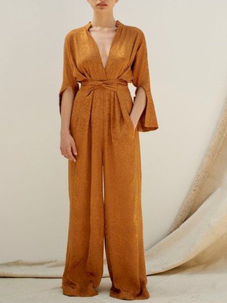 

Flare Sleeve Vintage One-Pieces With Belt, As picture, Jumpsuits