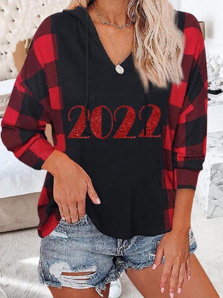 

2022 Checked/Plaid Casual Hooded Shirts & Tops, Black, T-Shirts