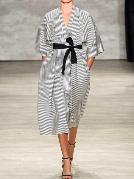 

V Neck Striped Simple Dresses, Stripe, Midi Dresses