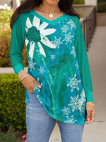 

Turquoise & White Floral Brushstroke Raglan Sleeve V-Neck Tunic Tops, Green, Tops