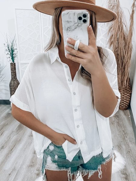 

Casual Short Sleeve Shirt Collar Plus Size Tops Blouses, White, Blouses & Shirts