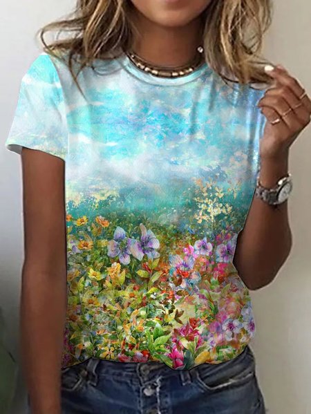 

Floral Crew Neck Loosen Shirts & Tops, Multicolor, Tops