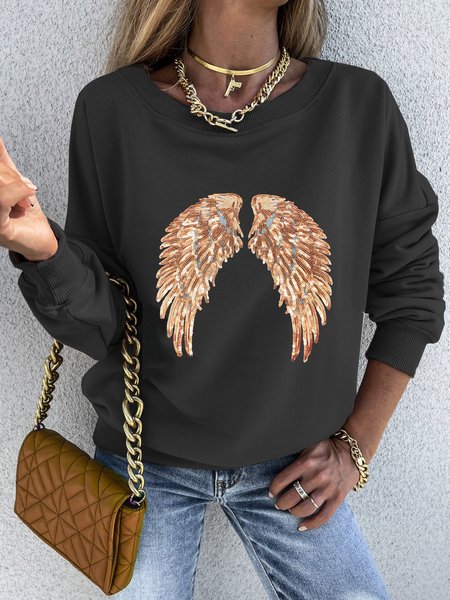 

Crew Neck Embroidered Casual Cotton Blends Shirts & Tops, Black, Tops