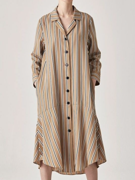 

Spring A-line Long sleeve Simple Lightweight Daily Household Dresses, Stripe, Midi Skirts