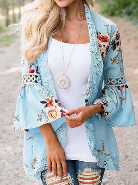 

Hollow Lace Stitching Floral Print Chiffon Outerwear, Lightblue, Outerwear