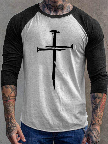 

Men's Cross Graphic Elements Stitching Round Neck Long Tee, Gray, T-shirt