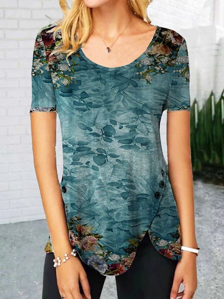 

Plants Floral Casual Crew Neck T-shirt, Blue, Tees & T-shirts