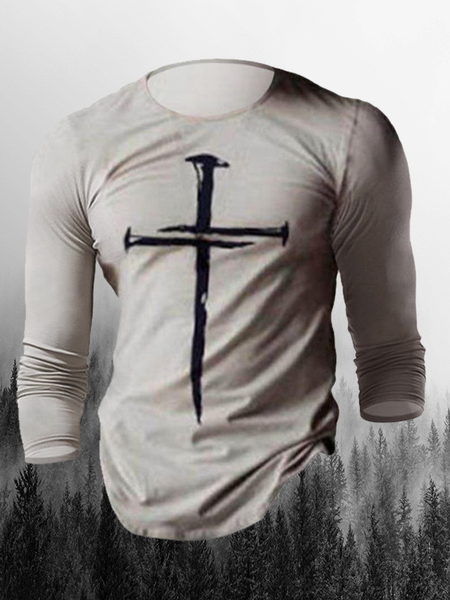 

Men's Cross Graphic Print Round Neck Long Sleeve Tee, Gray, T-shirt
