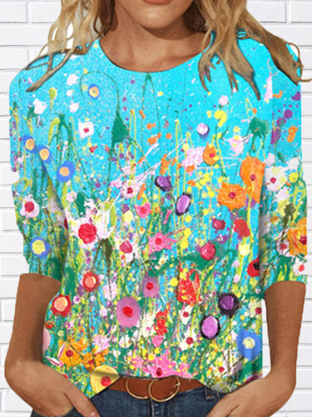 

Floral Casual Crew Neck Shirts & Tops, Blue, Tops