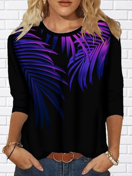 

Crew Neck Plants Cotton Blends Shirts & Tops, Black, Tops