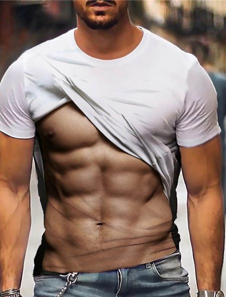 

Fun 3D Muscle Graphics Short Sleeve Casual Tee, White, T-shirt