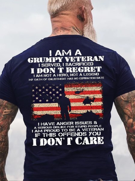 

I Am A Grumpy Veteran I Don't Care Casual Short Sleeve T-shirt, Blue, T-shirts