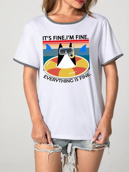 MUMU Its Fine I M Fine Everything Is Fine Funny Cat Casual Ringer Tee, Gray, T-shirts