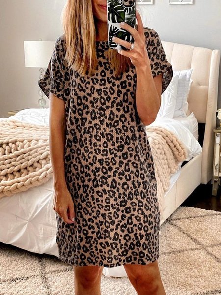 

Casual Loosen Crew Neck Leopard Short Sleeve Dresses, As picture, Mini Dresses