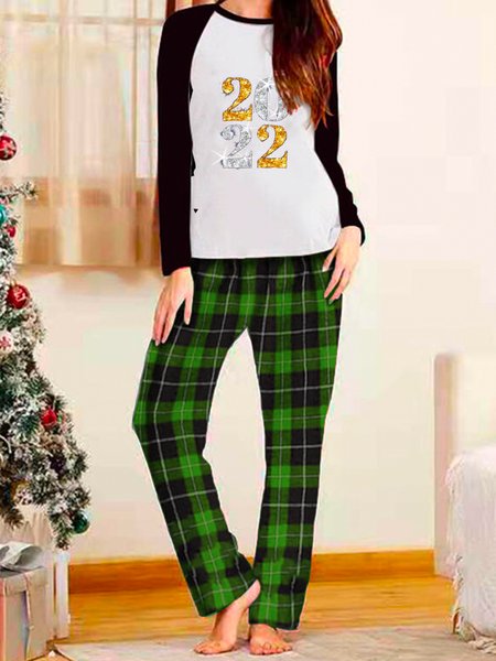 

Cotton blend round neck green plaid casual suit, Black-green, Two-piece Outfits