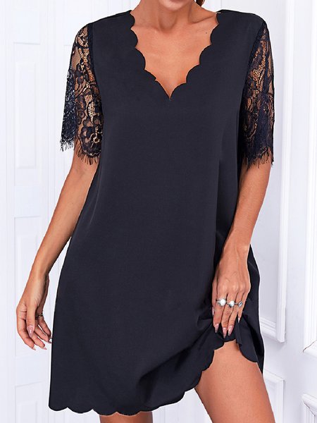 

Solid Lace V Neck Loosen Dresses, Black, Mini Dresses