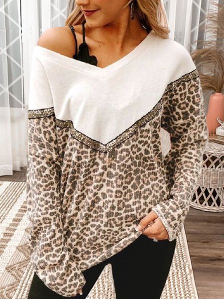 

Casual Loosen Leopard V Neck Long Sleeve Shirts & Tops, As picture, Tops