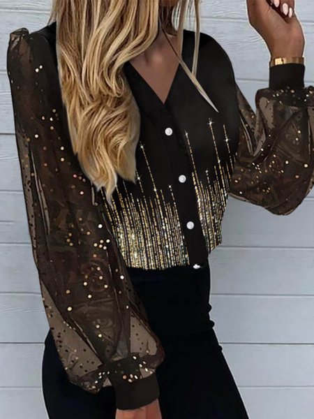 

See-through Look Party Lapel Shirts & Tops, Black, Shirts & Blouses