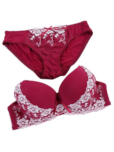 

CD Cup Gathered Sexy Lace Embroidery Plus Size Bra Set, Wine red, Bra&Bra Sets