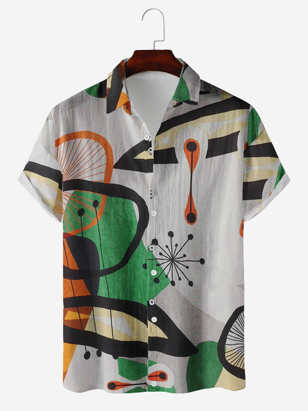

Geometric Abstract Pattern Casual Cotton And linen Striped Short-Sleeved Shirt, As picture, Men's Floral shirt