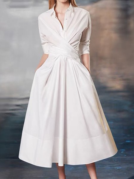 

Shirt Collar Regular Fit Elegant Solid Dress, White, Midi Dresses