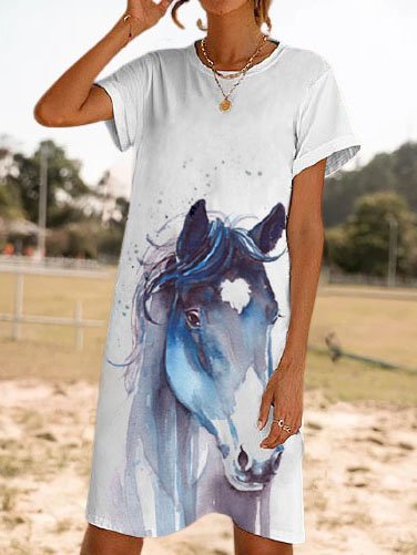 

Animal Printed Crew Neck Loosen A-line Short Sleeve Dresses, White, Tie dye dress