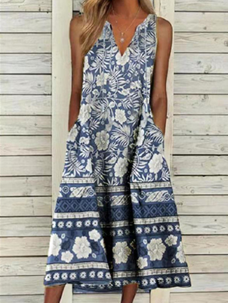 

Scollo a V Casuale Floreale Abito, Navy blu, Maxi Dresses