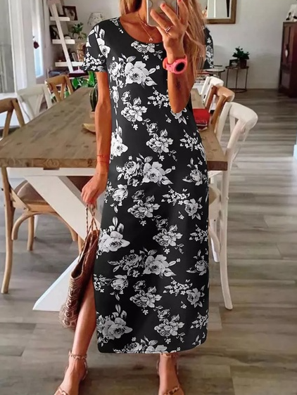 

Floral Cotton Blends Short Sleeve Dresses, Black, Maxi Dresses