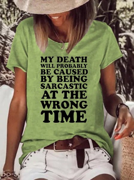 

Funny text print round neck short sleeve T-shirt, Green, T-shirts