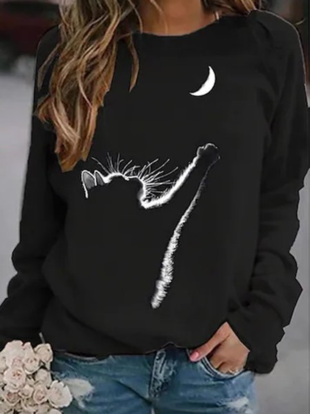 

Crew Neck Cute Cat Pattern Shirts & Tops, Black, Tops