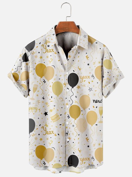 

New Year Text Balloon Print Loose Short Sleeve Shirt, As picture, Men's Floral shirt