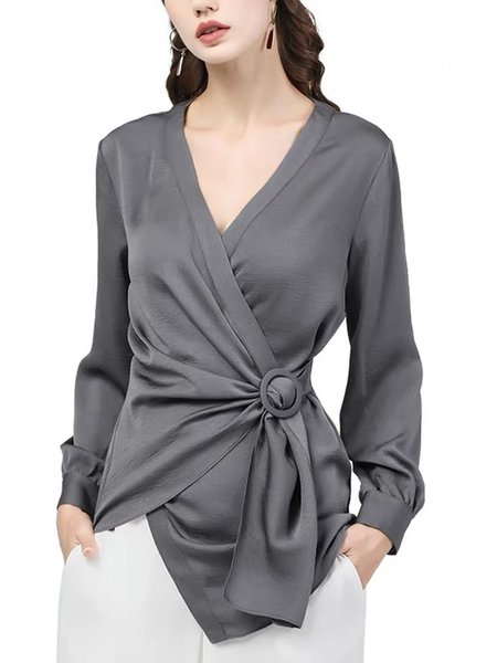 

V neck Solid Elegant Regular fit Top, Gray, Blouses and Shirts
