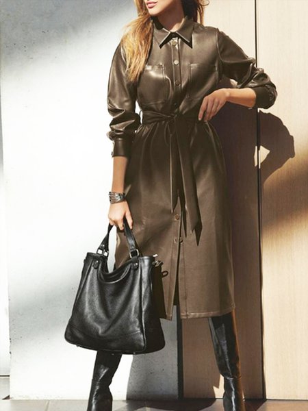 

Elegant Pu Leather Solid Long Sleeve Dress, As picture, Midi Dresses