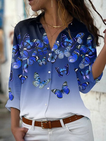 

Butterfly Shirt Collar Casual Blouse, Blue, Blouses & Shirts