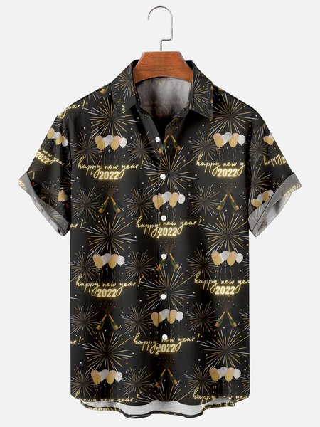 

New Year's Champagne And Text Short Sleeve, As picture, Men's Floral shirt