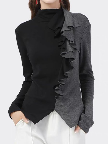

High Neck Regular Fit Color Block Shirt, Black, Tees